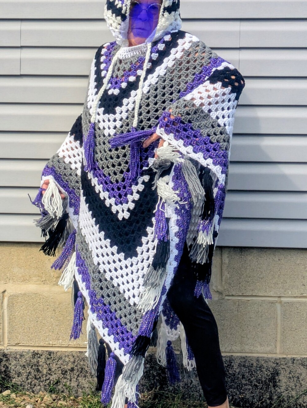 Handmade Crochet Hooded Poncho in White, Gray & Purple